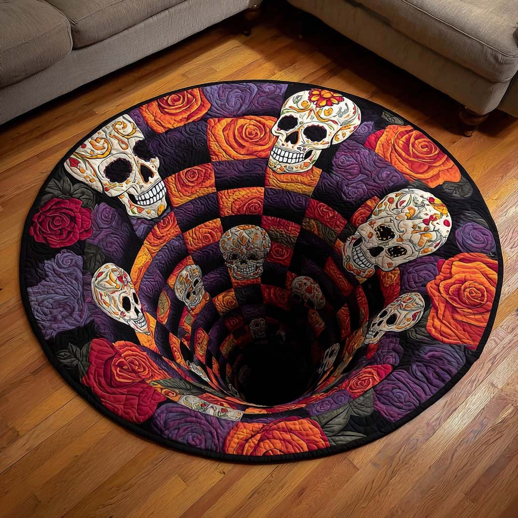 Endless Skulls Quilted Round Rug, Halloween Rug Living Room Decor, Halloween Rug