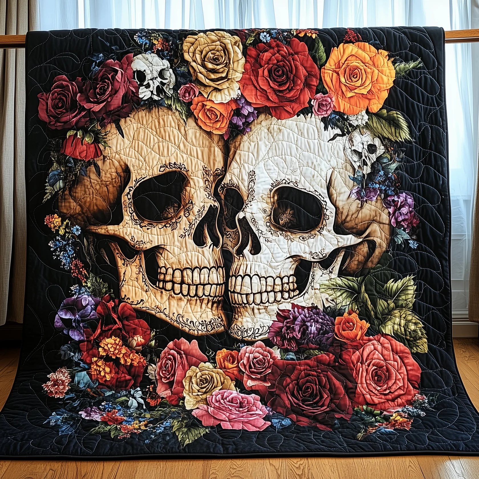Romantic Gothic Skull And Roses Quilt Blanket, Valentine Blanket, Valentines Couple Gift