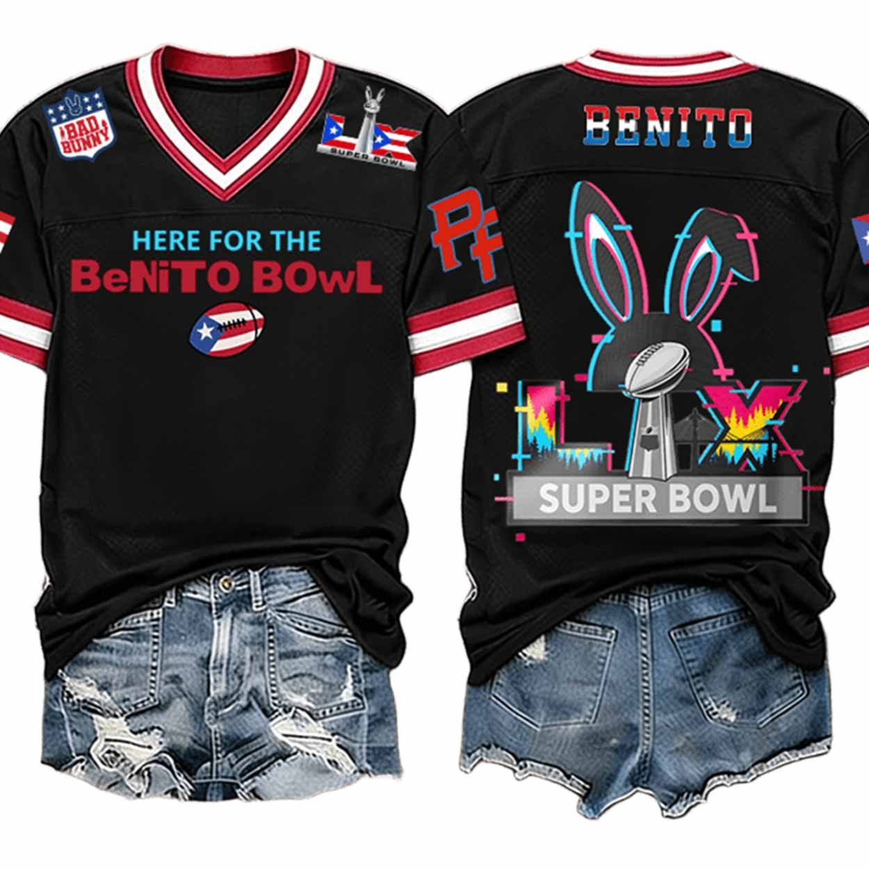Unisex Here For The Benito Bowl LX Print T-Shirt, Bad Bunny LIX Benito Bowl Football Jersey, Football Tee