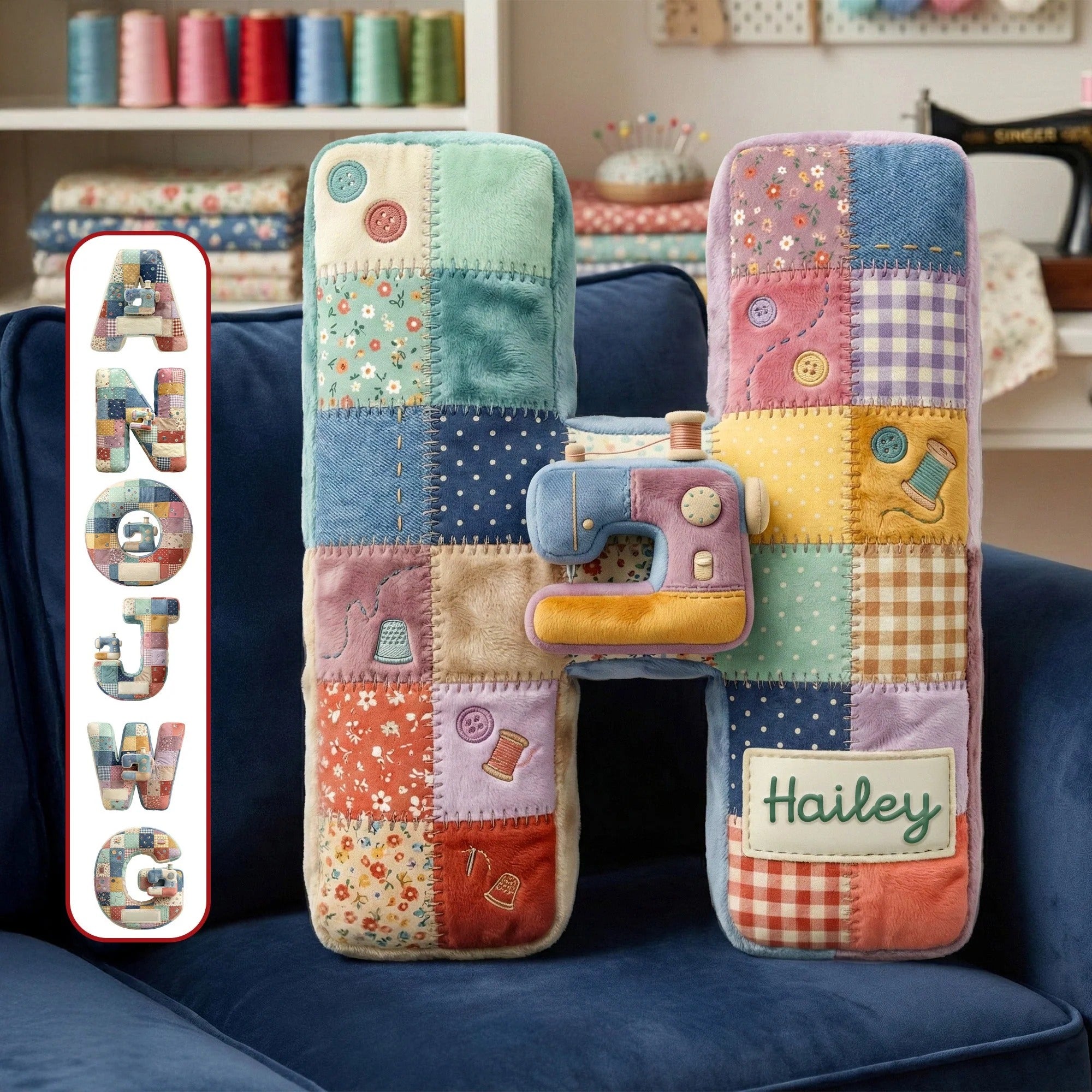 Sewing Alphabet Initial Letter Custom Shaped Pillow, Personalized Gifts For Sewing Lovers, Valentines Couple Gift