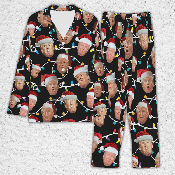 Funny Trump Face Black Christmas Pajamas, Long Sleeve Pajama Set, Xmas Vibe Black Pajama