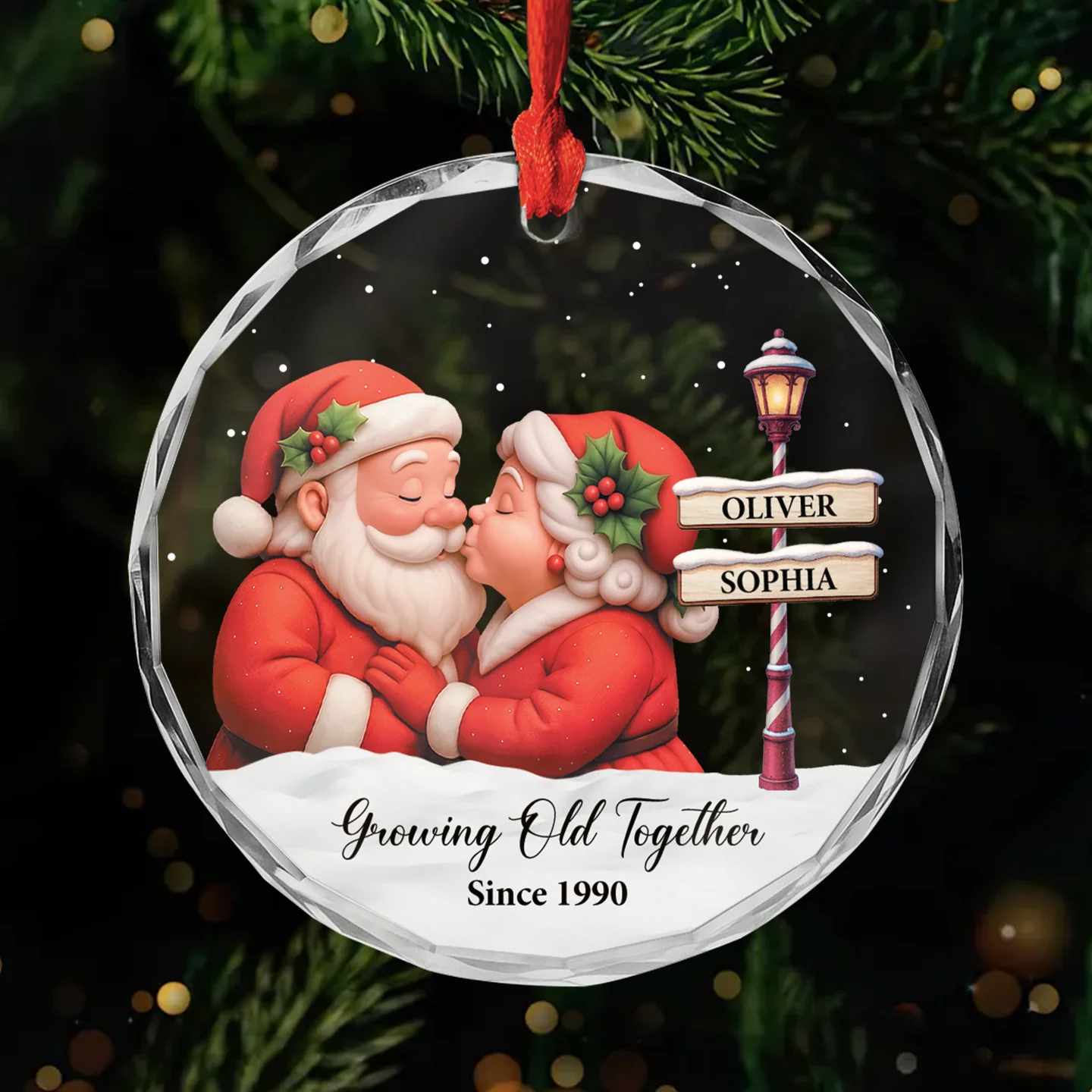 Growing Old Together Santa Couple Custom Name Glass Ornament, Xmas Gift, Couple Anniversary Gifts