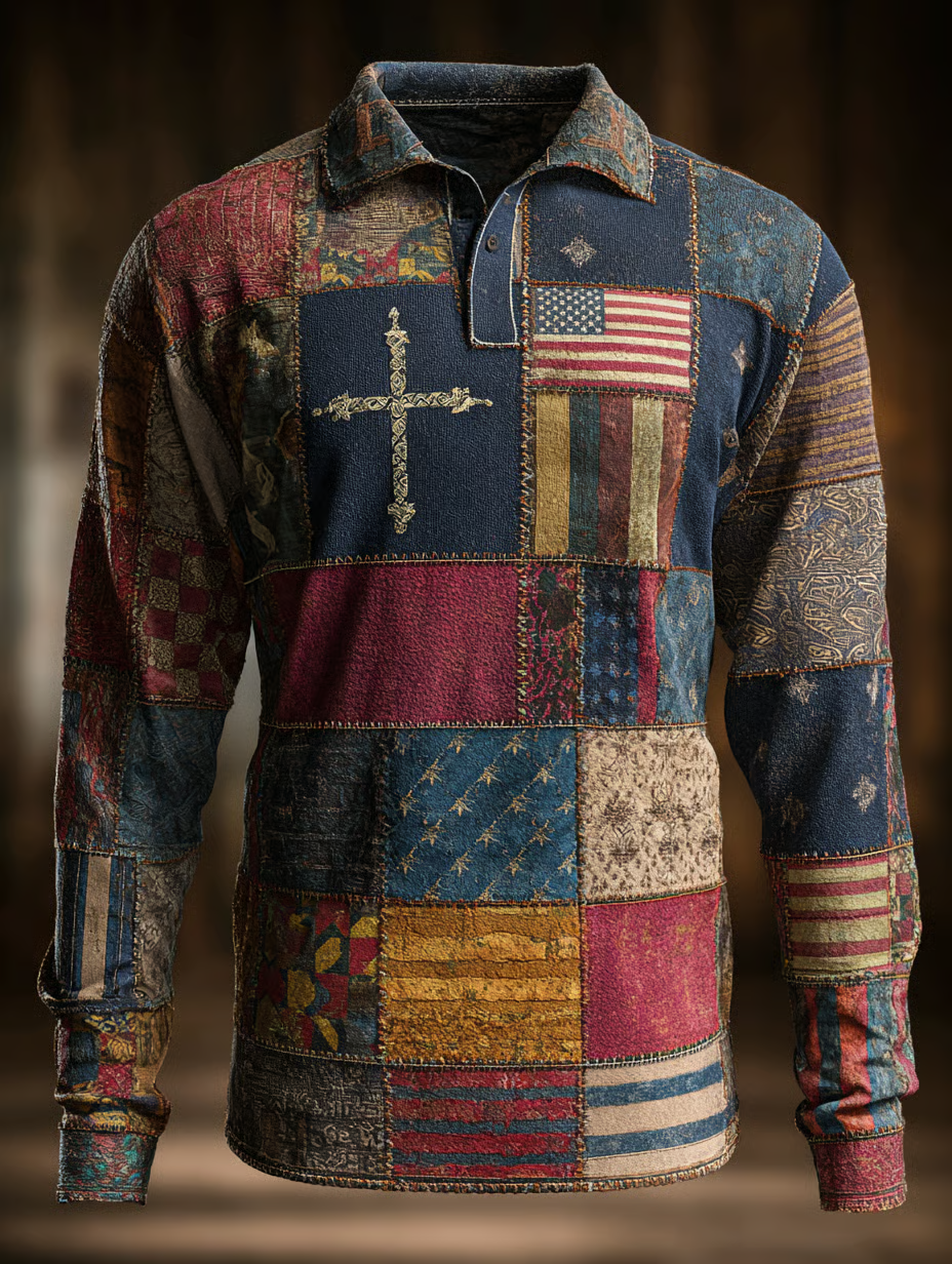Religious Cross Patriotic Golf Polos, Polo Shirts For Men, 250th Anniversary Vintage Long Sleeve Polo Shirt