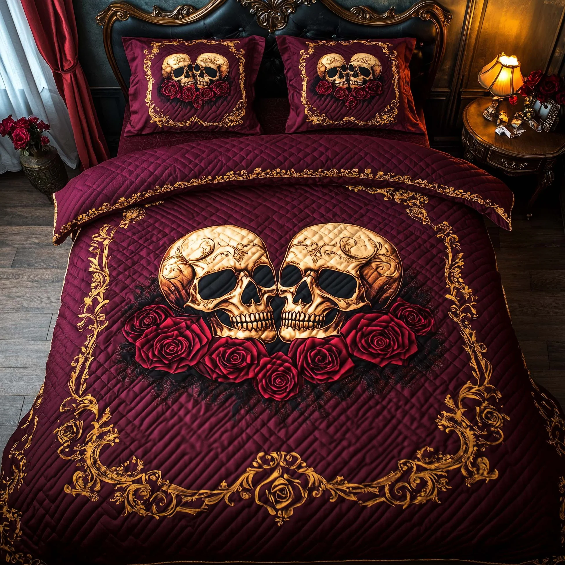 Romantic Gothic Skull And Roses Bedding Set, Couple Anniversary Gift, Cool Valentine Gift