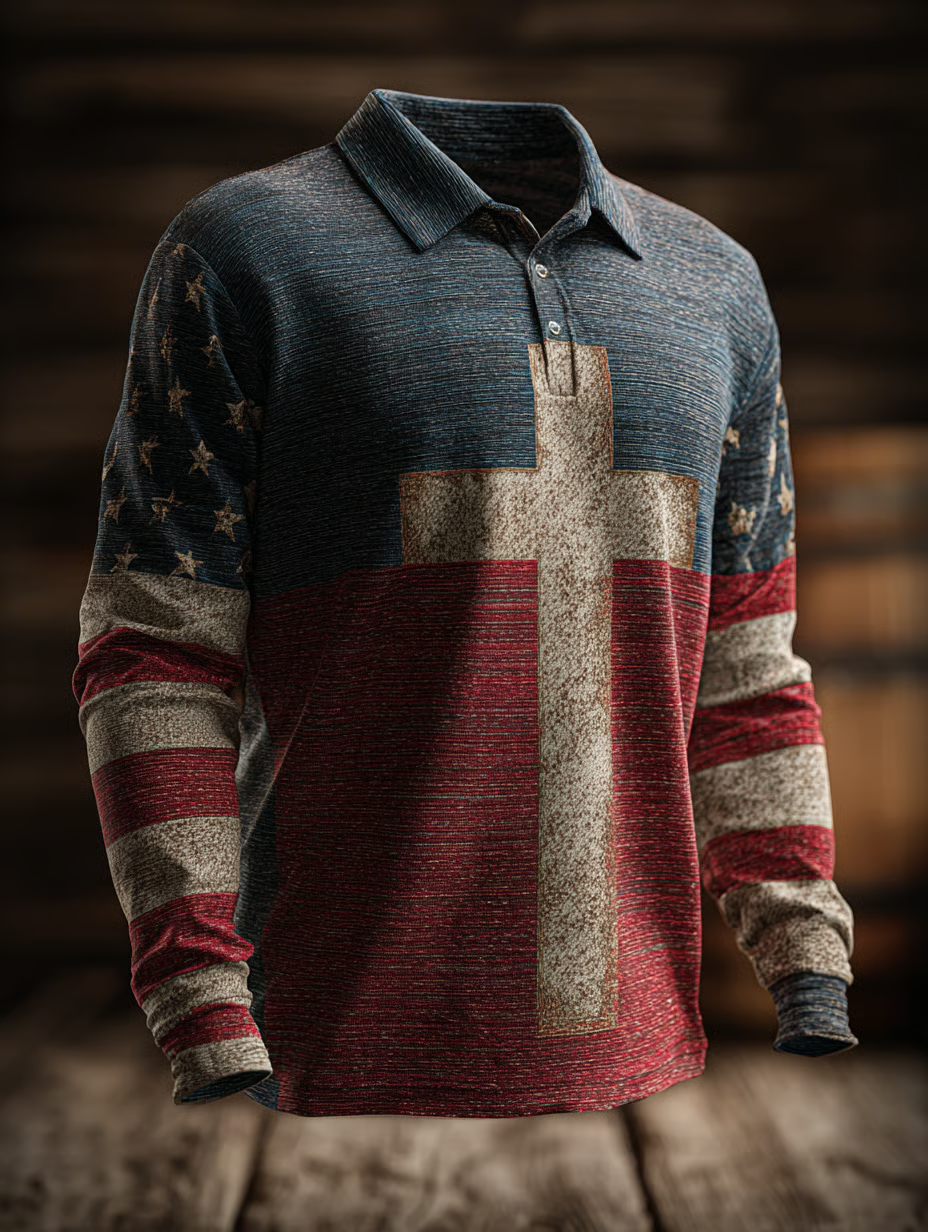 American Christian Retro American Flag Polo Shirts For Men, Patriotic Golf Shirts, Long Sleeve Polo Shirt