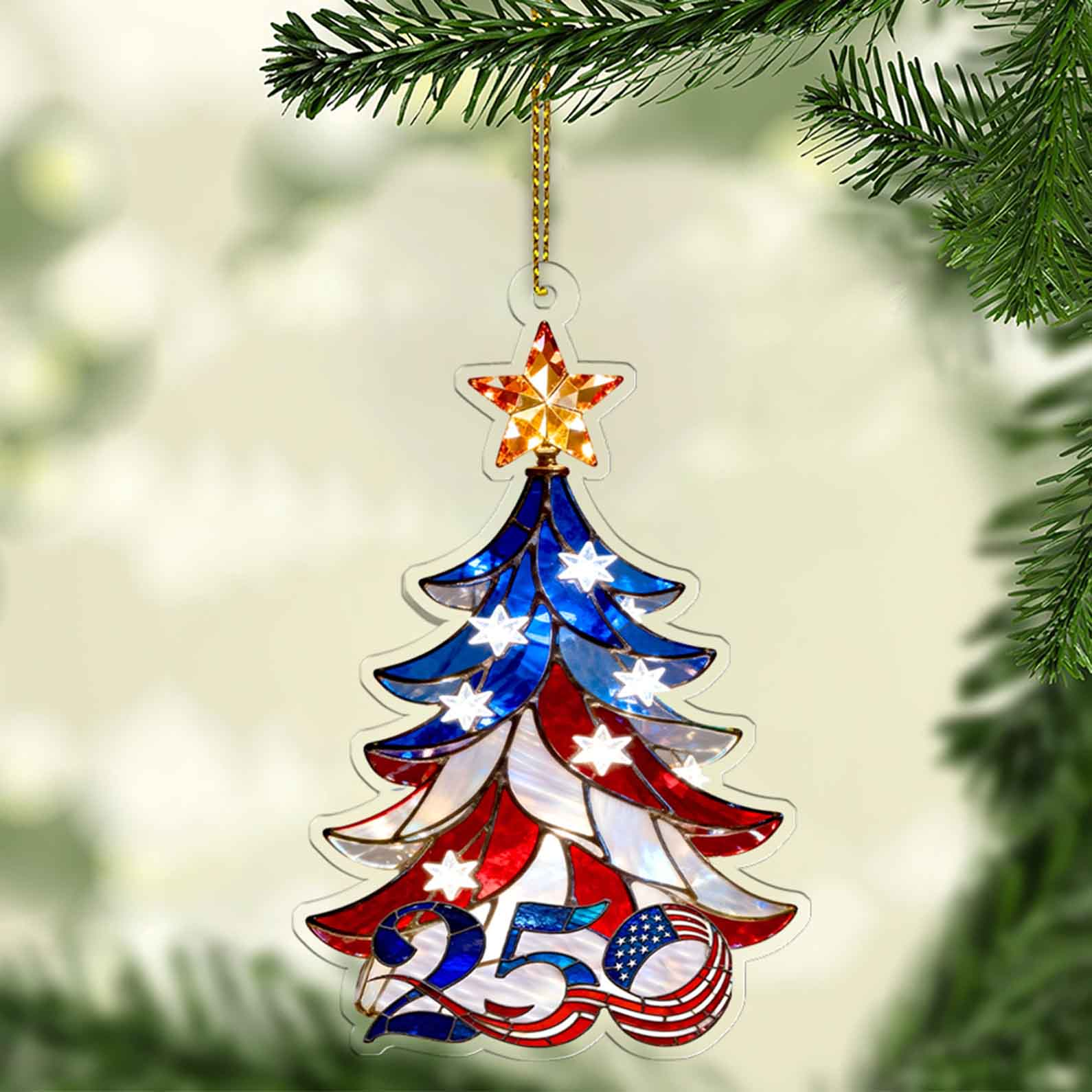 US 250 Years Christmas Tree Acrylic Ornament, 250th Anniversary Ornament, Patriotic Christmas Ornament