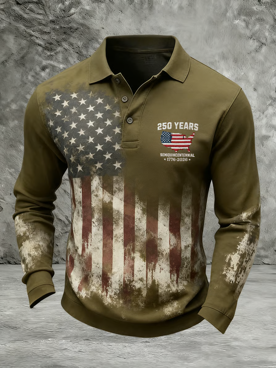 250 Years Semiquincentennial Brownish-Green Polo Shirts For Men, Patriotic Golf Shirts