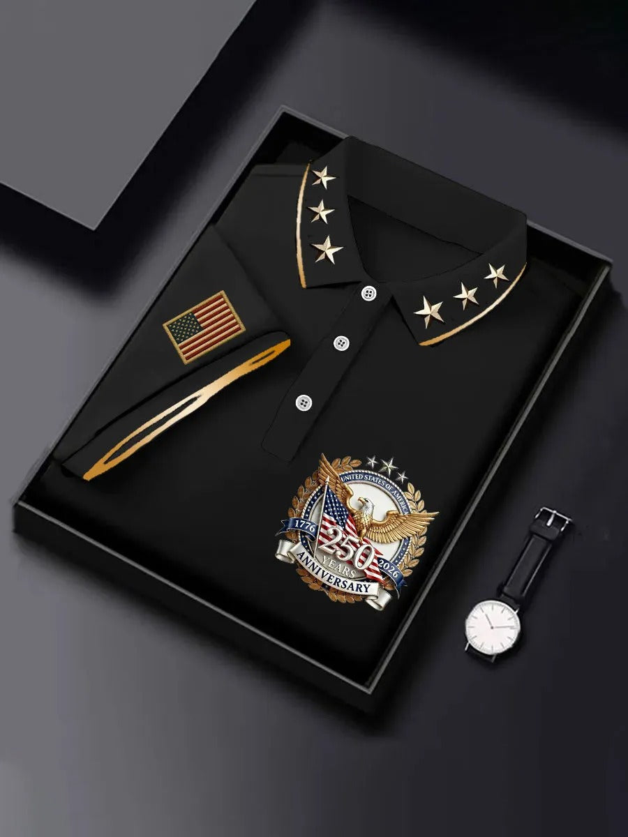 250 Years USA Anniversary 1776-2026 Men's Black Polo Shirts, American Eagle Flag Men's Patriotic Shirt