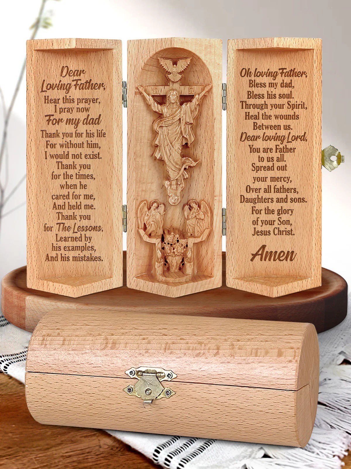 Bless My Dad, Personalized Openable Wooden Cylinder Sculpture of Jesus Christ, Christian Gifts