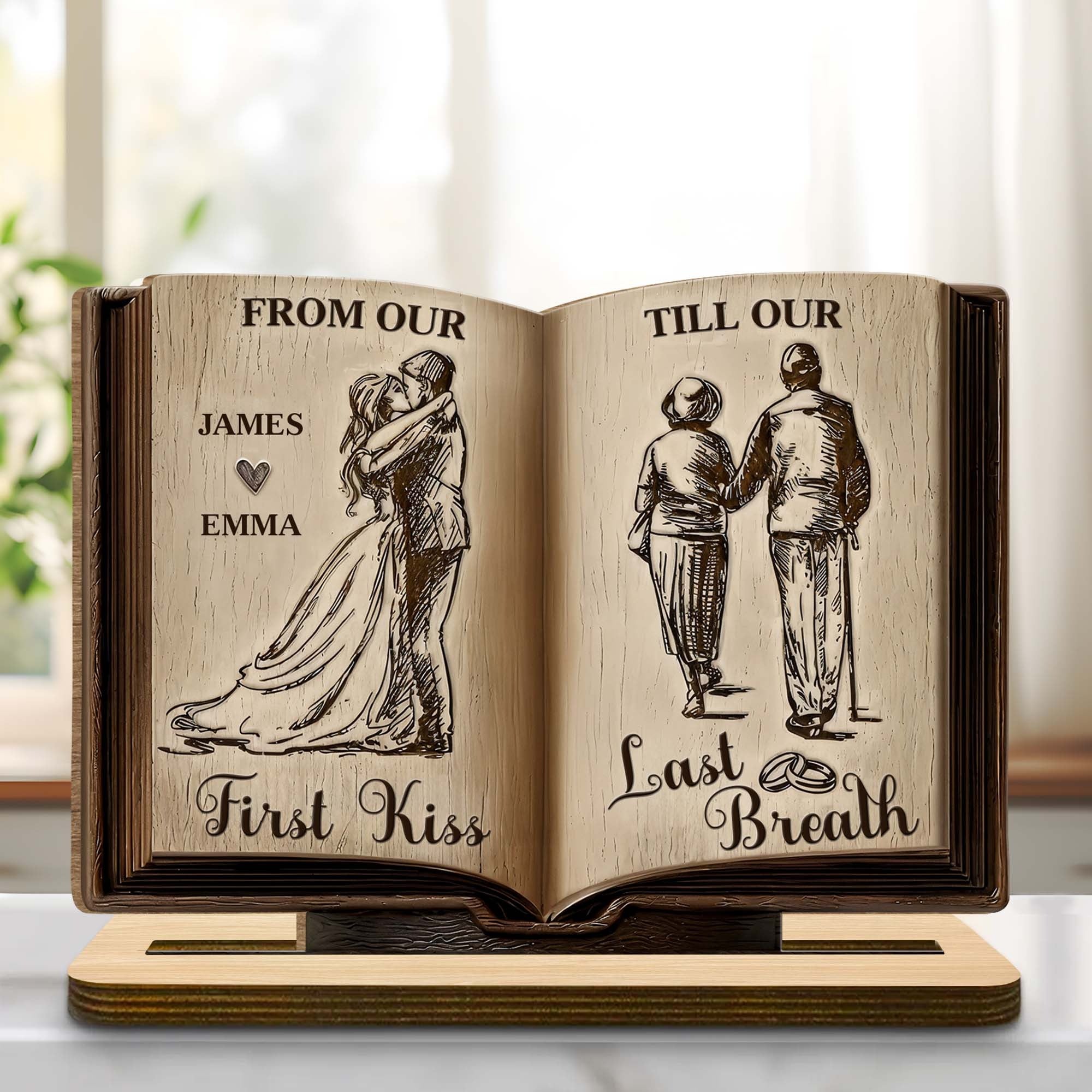 From Our First Kiss Till Our Last Breath Book Shape 2-Layer Wooden Plaque, Personalized Valentines Gift