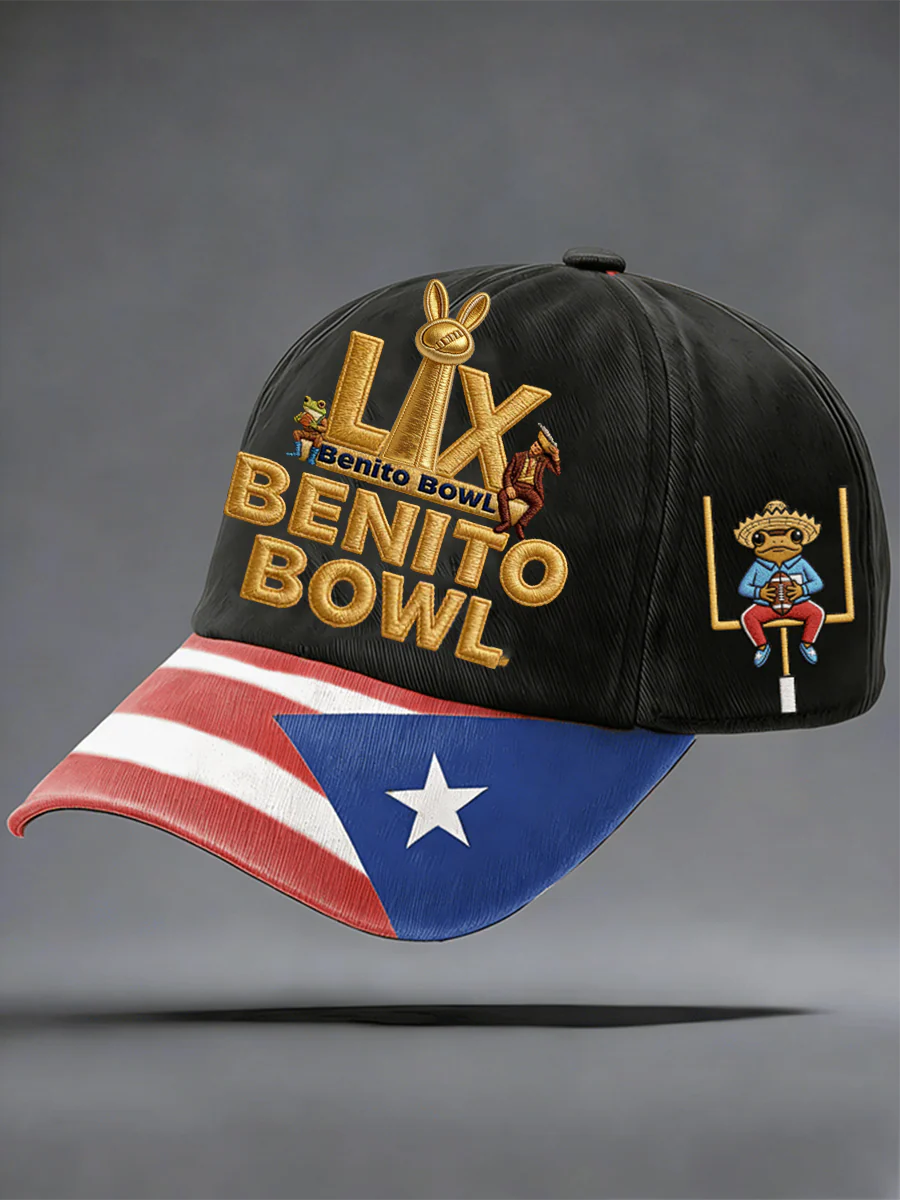 Benito Bowl LX Half Time Show Black Hat, Puerto Rican & American Streetwear, Adjustable Cap