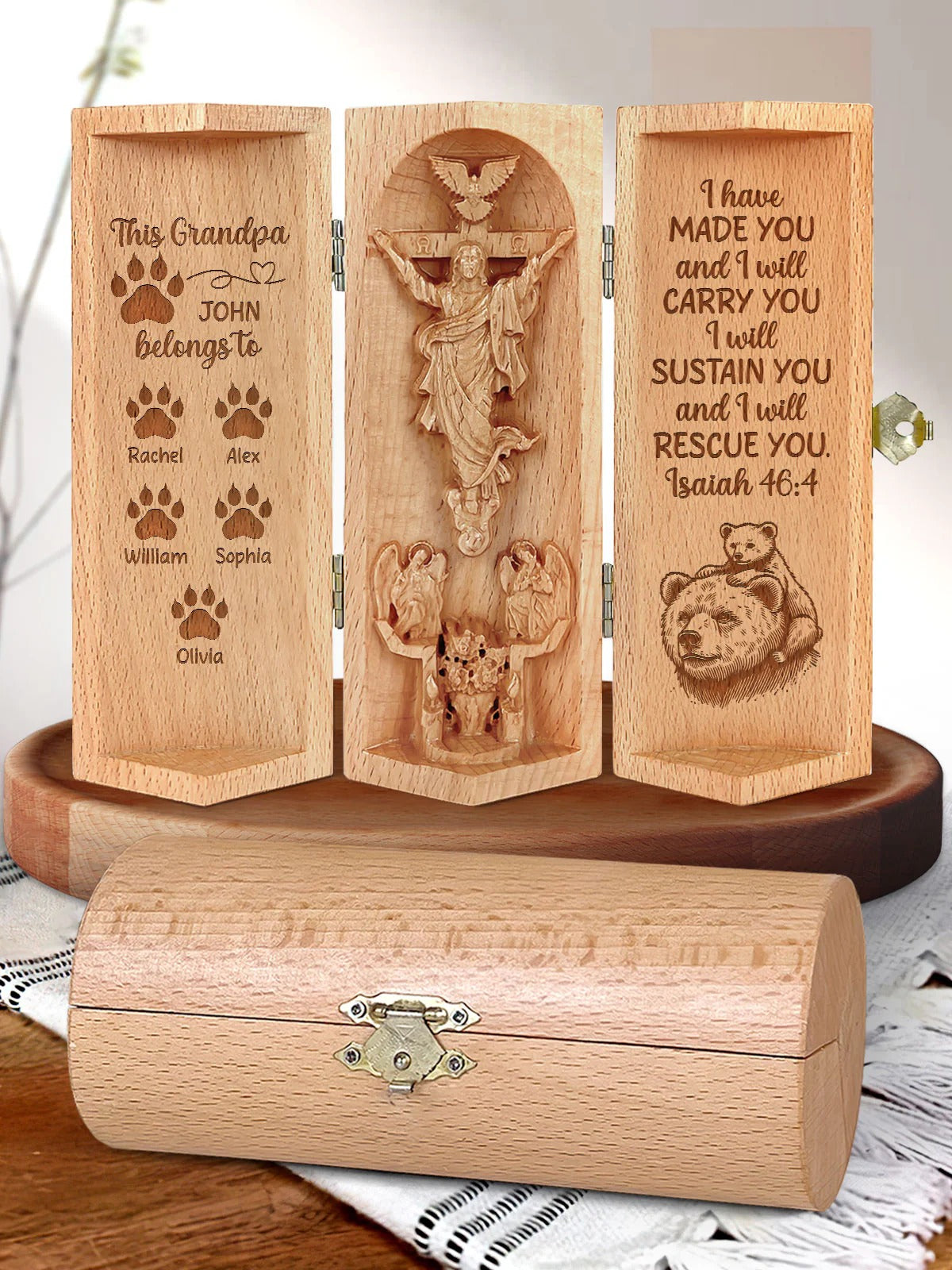 Grandpa Bear Belongs To, Personalized Openable Wooden Cylinder Sculpture of Jesus Christ, Christian Gifts