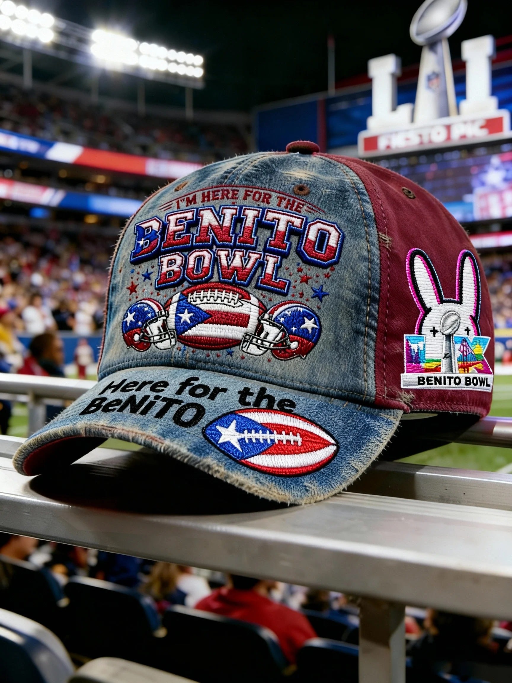 I'm Here For The Benito Bowl Half Time Show Printed Cap, Bad Bunny Game Day Puerto Rico Print Mens Dad Cap