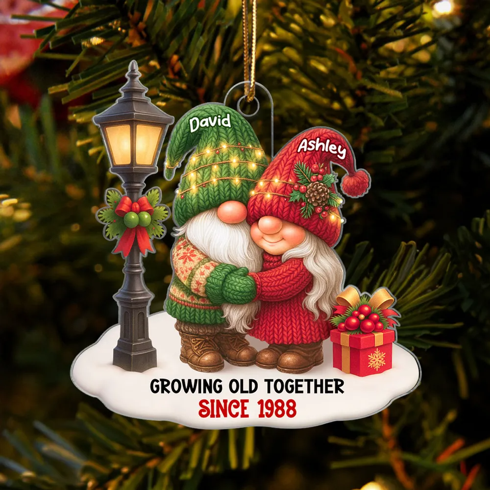 Gnome Christmas Couple Growing Old Together Personalized Acrylic Ornament, Custom Christmas Ornaments