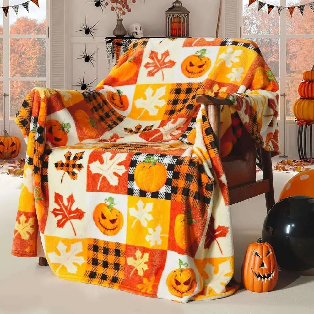 Pumpkin & Leaf Halloween Blanket, Fall Plaid Blanket, Halloween Blanket, Halloween Decor, Halloween Gifts