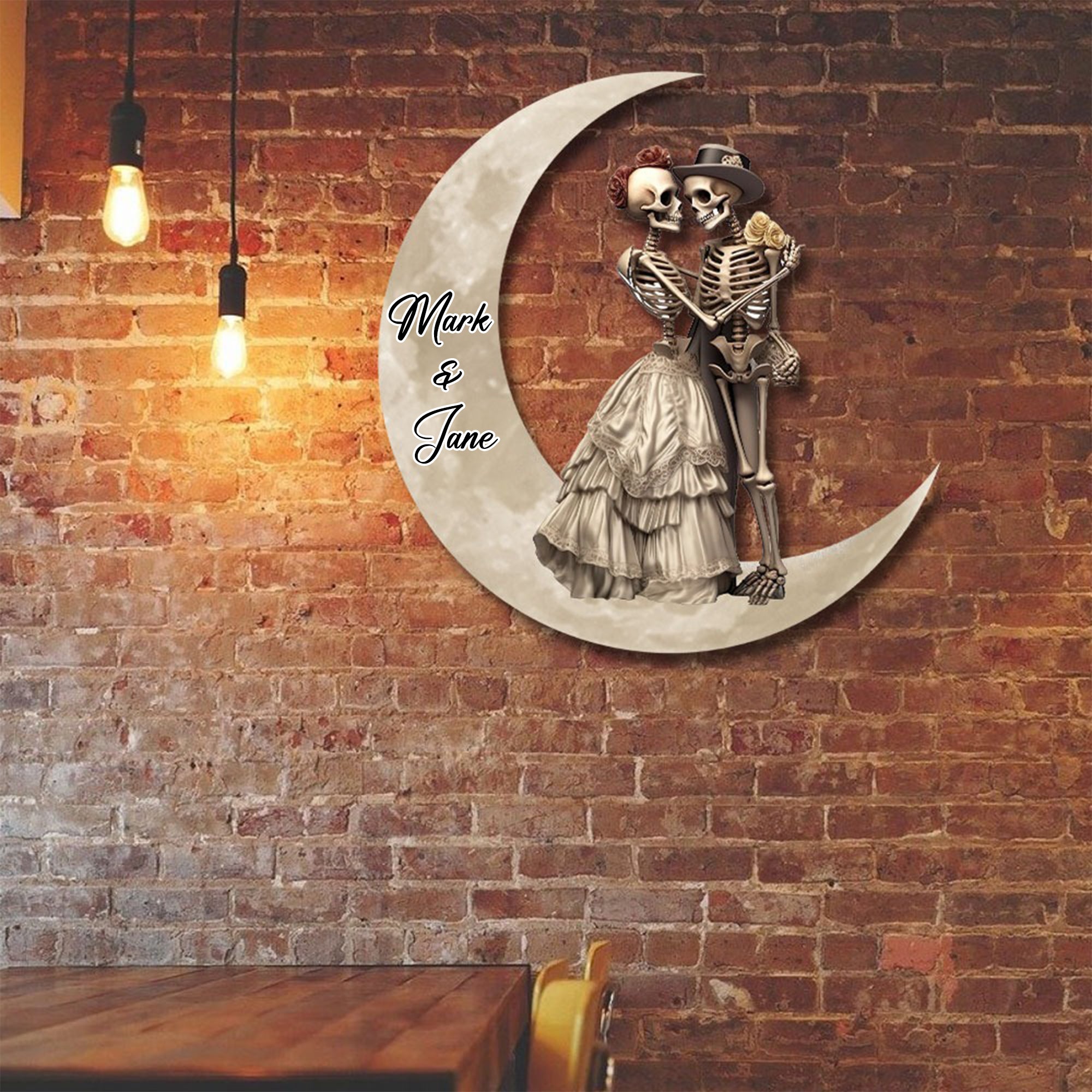 Skull Skeleton Couple On Crescent Moon Personalized Valentine Wood Sign, Halloween Wood Sign, Valentine Gift Ideas