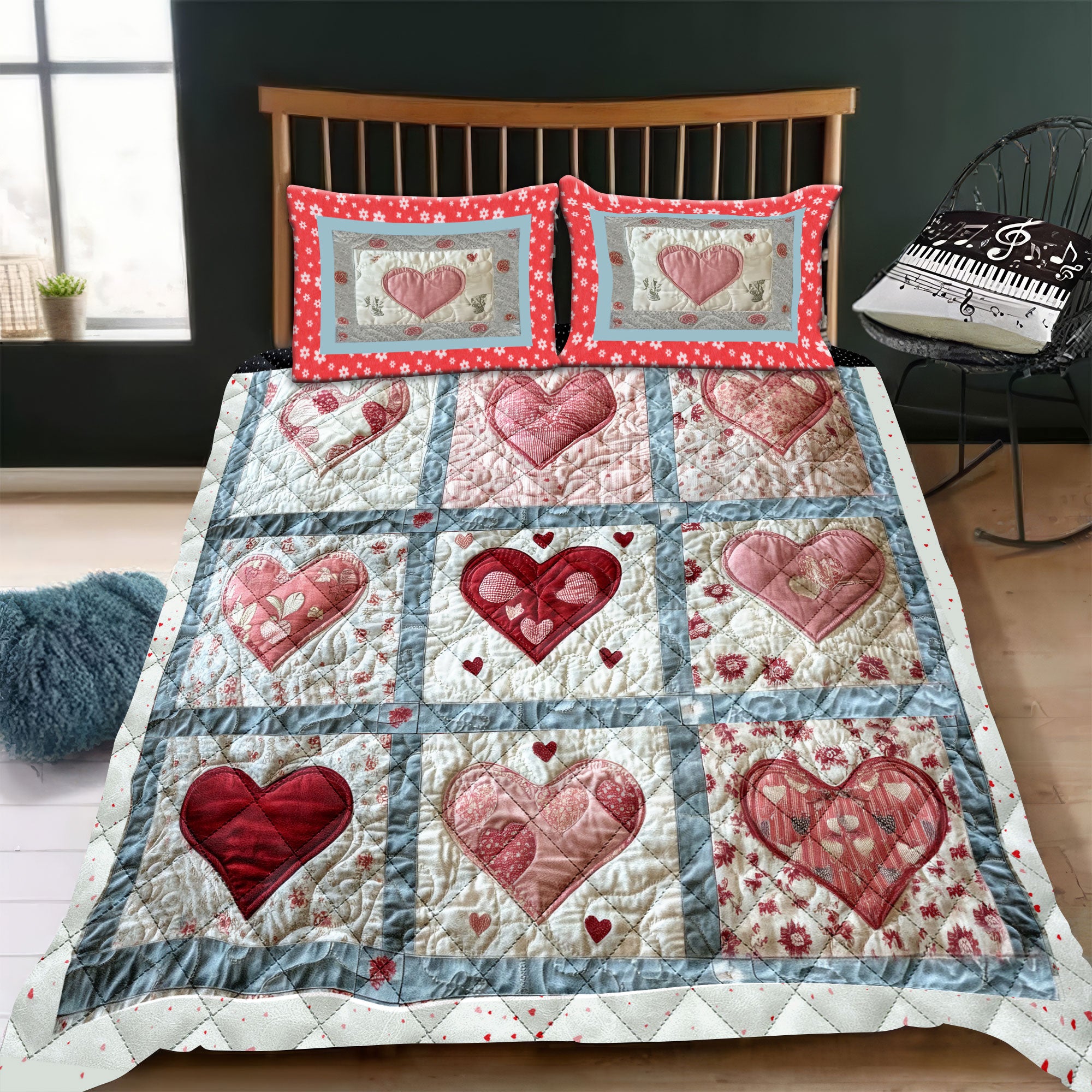 Vintage Heart Charm Quilt Bed Sets, Couple Bedding Set, Couple Valentine Gift