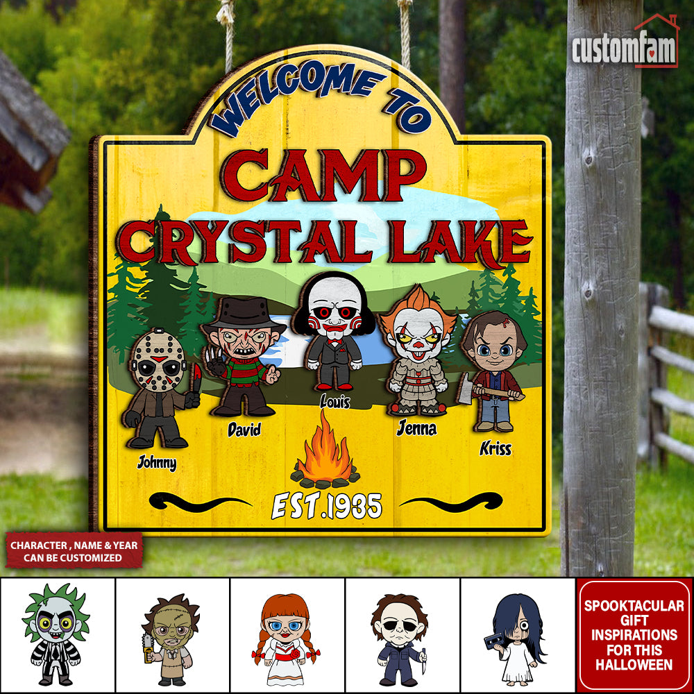 Welcome To Camp Crystal Lake Horror Camping Wooden Sign, Halloween Custom Welcome Campsite Sign Decor