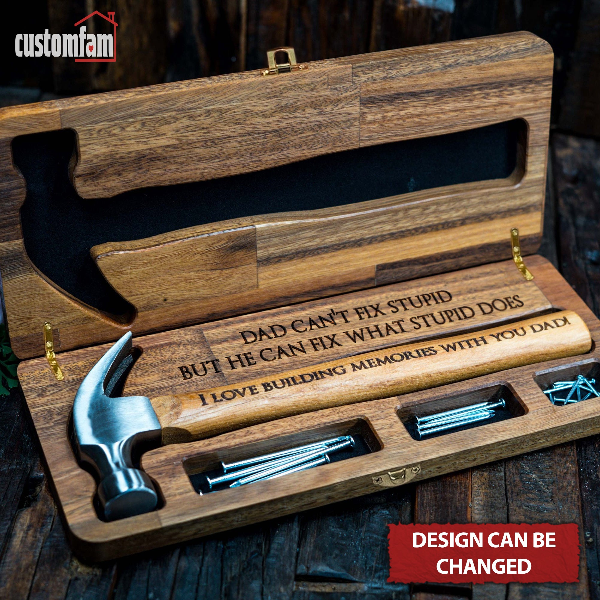 Dad Can't Fix Stupid Personalized Wooden Engraved Hammer Box And Nails Set, Framing Hammer, Gifts For Dad