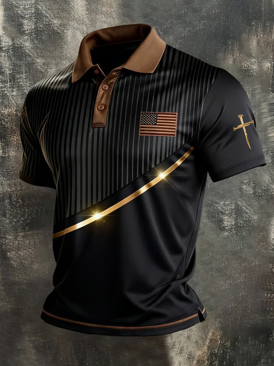 Red White Blue America 250 Shirt Men's Faith Cross And American Flag Print Polo Shirt 4th Of July Shirt