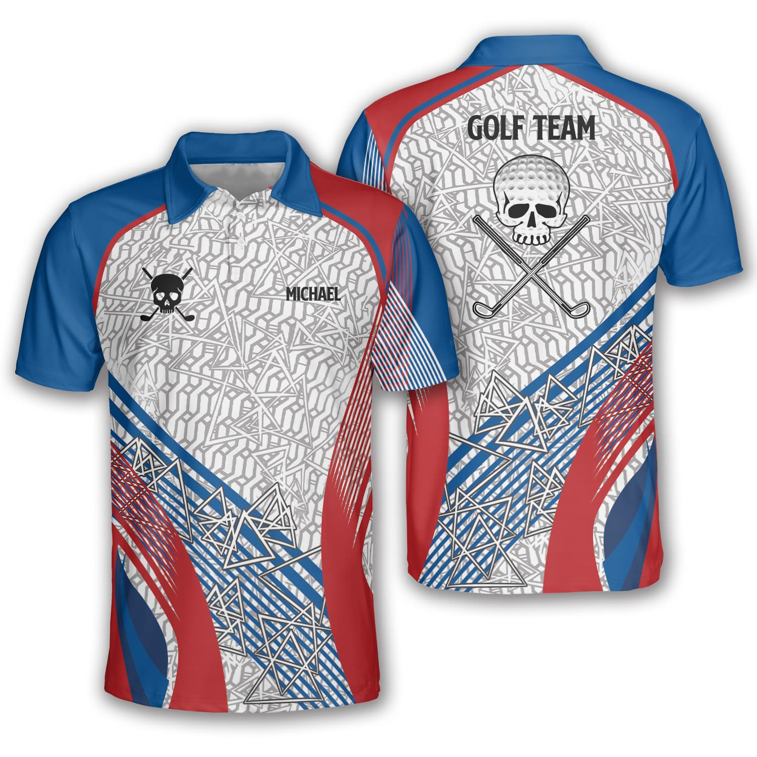 Patriotic Red And Blue Pattern Custom Golf Polo Shirts For Men, Long Sleeve Golf Shirts, Golf Lovers Gift