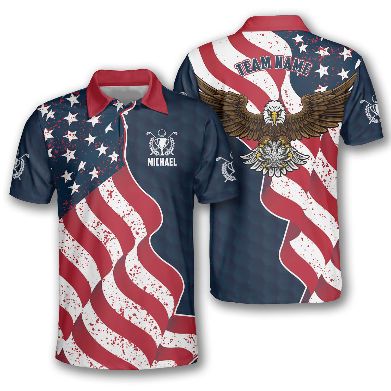 Patriotic Waving Flag Eagle Blue Custom Golf Polo Shirts for Men, Long Sleeve Golf Shirts, Golf Lovers Gift