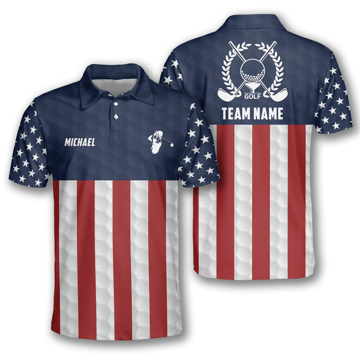 Patriotic American Flag Emblem Custom Golf Polo Shirts for Men, Long Sleeve Golf Shirts, Golf Lovers Gift