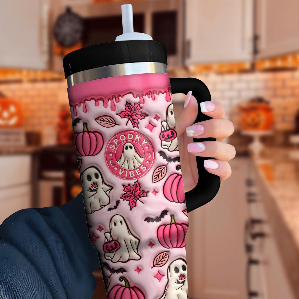 Spooky Vibe Print 3D 40oz Tumbler with Handle, Halloween Gifts