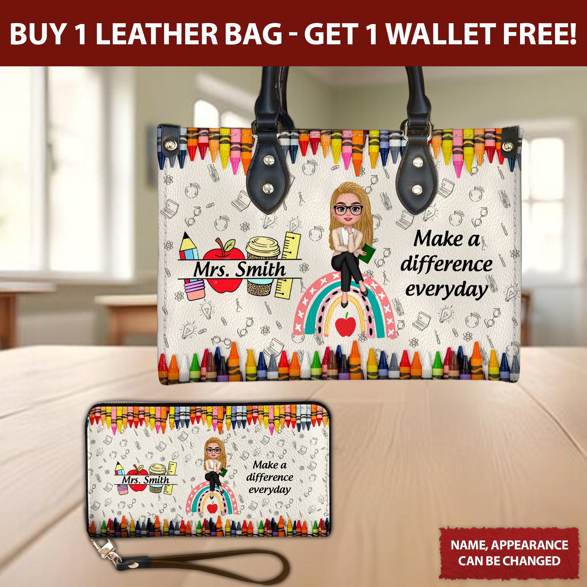 Make A Difference Everyday Personalized Leather Handbag, Gift For Teacher