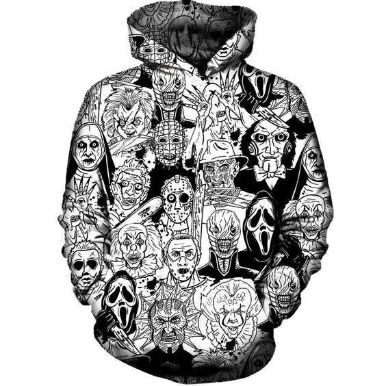 Black And White Horror Movie Characters Hoodie, Gift For Horror Movie Fans, Halloween Gift