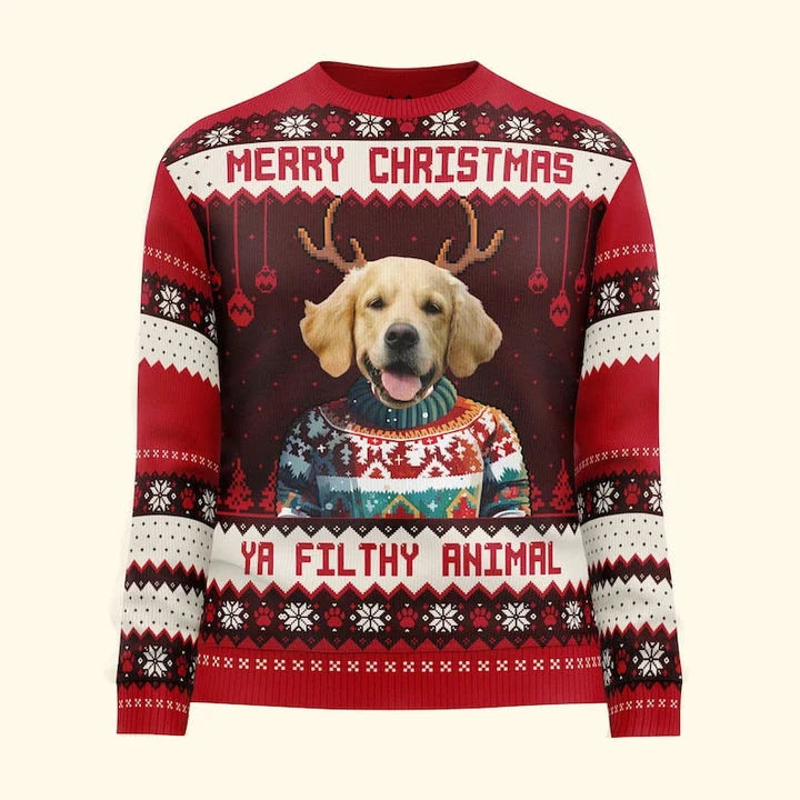 Merry Christmas Ya Filthy Animal Personalized Custom Name Photo Sweater, Unique Christmas Gift