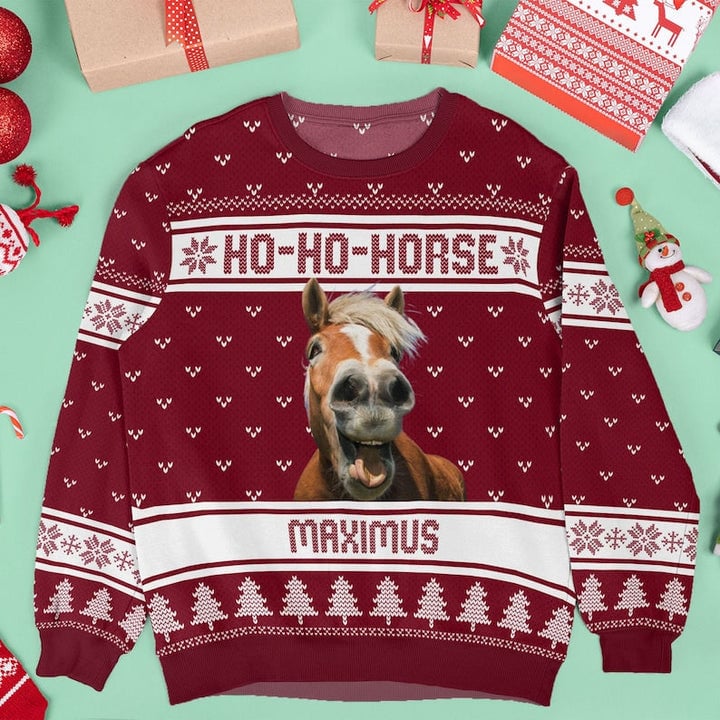 Ho-Ho-Horse Personalized Custom Name Photo Sweater, Unique Christmas Gift