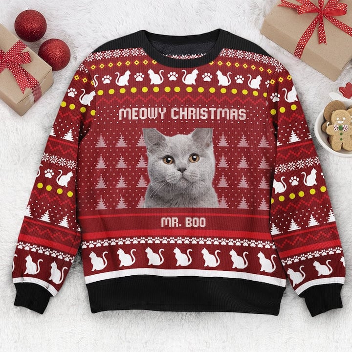 Meowy Christmas Personalized Custom Name Photo Sweater, Unique Christmas Gift