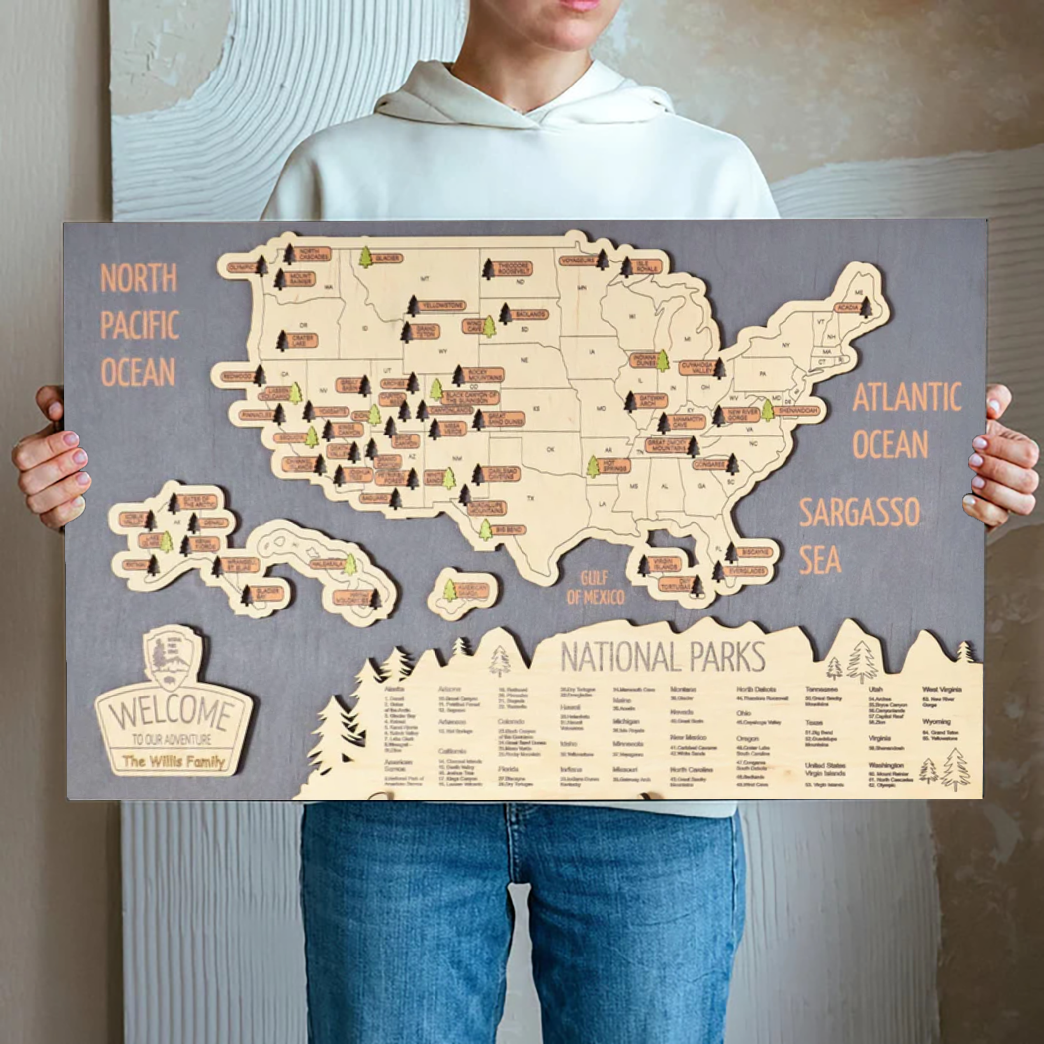 National Park Map In Usa, Custom Blue Wooden Travel Map, National Park Tracker