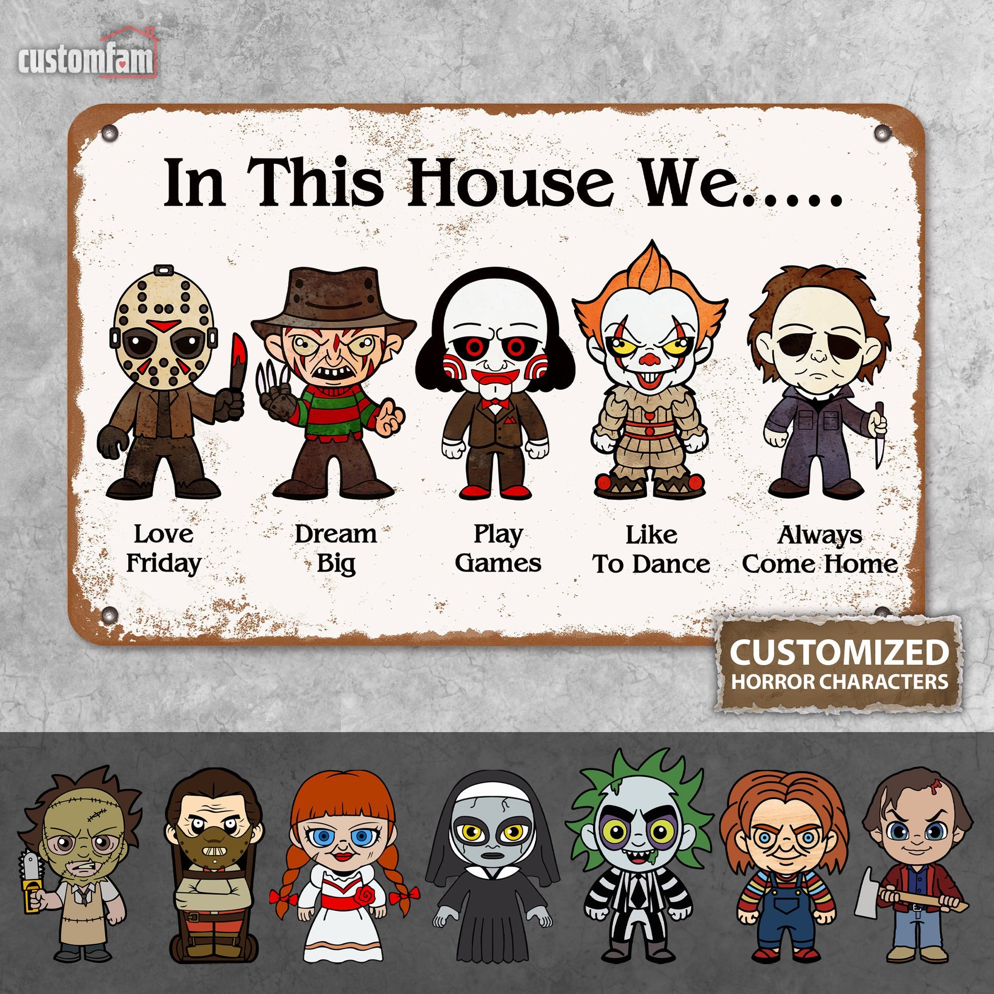 In This House We Personalized Horror Characters Metal Tin Sign, Vintage Halloween Decor