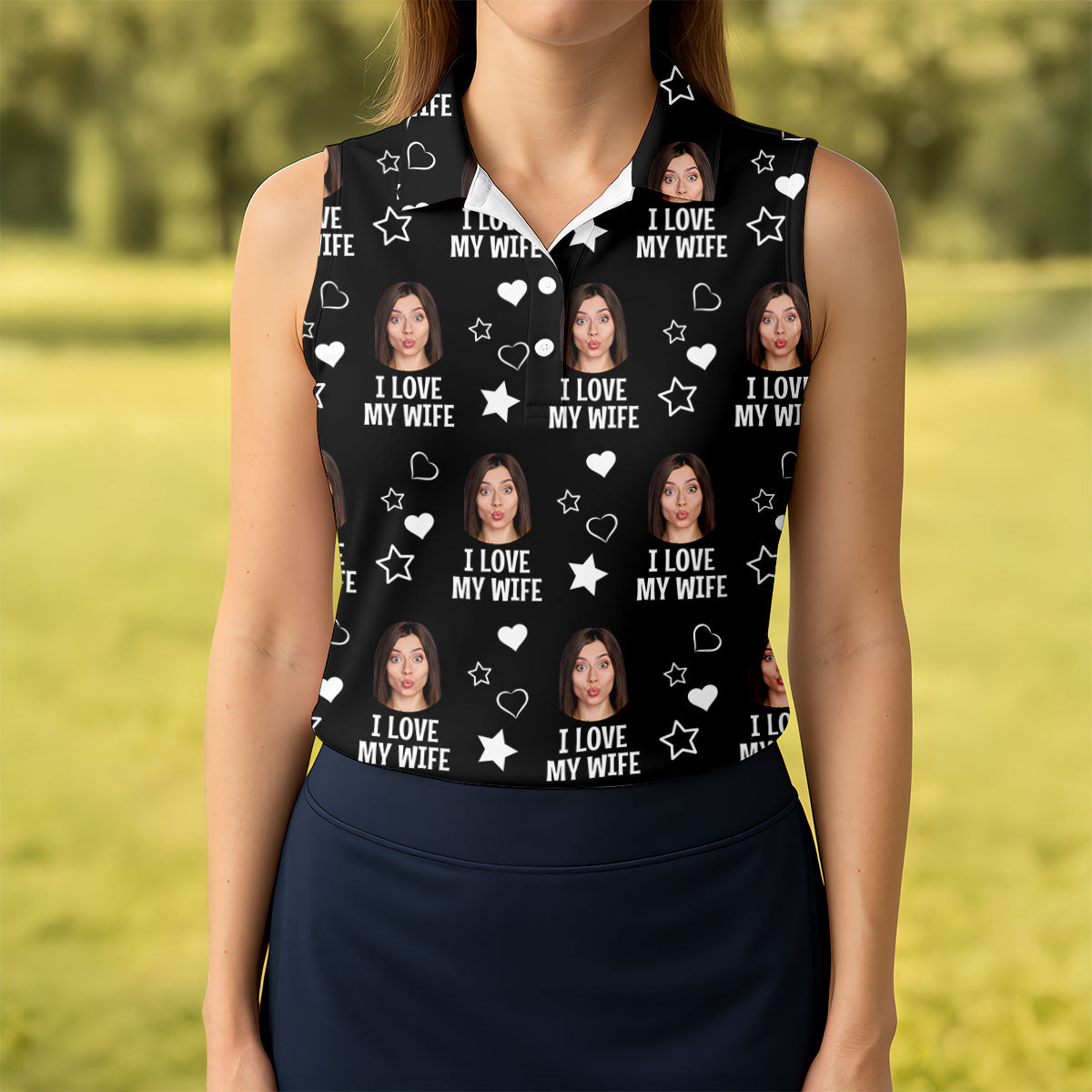 I Love My Husband Custom Face Black Golf Shirt, Fun Women's Golf Shirts, Valentines Golf Gift, Ladies Golf Shirts