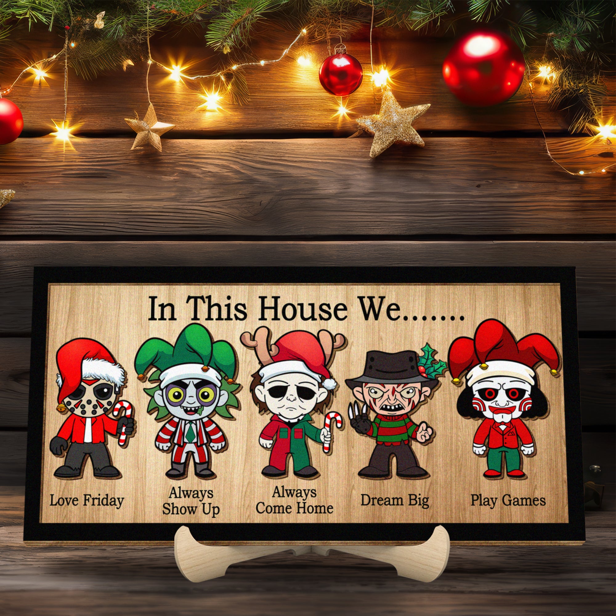 In This House We Christmas Wood Sign, Horror Movie Characters, Christmas Decor