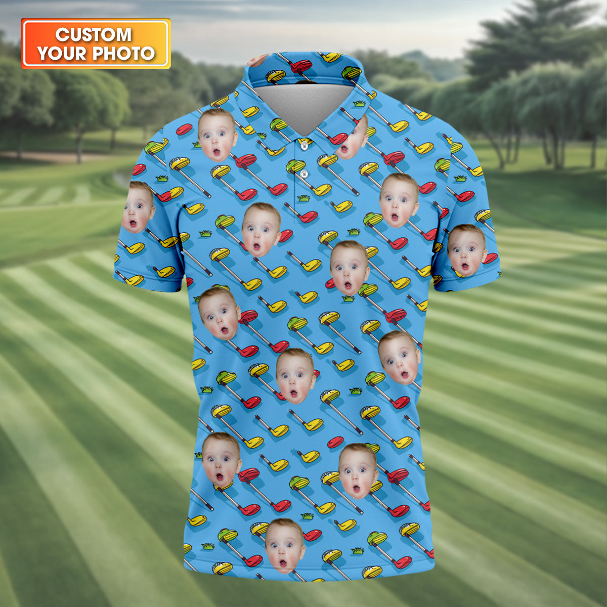 Custom Photo Golf Shirt, Blue Funny Golf Polo Shirt, Dad Golf Gift