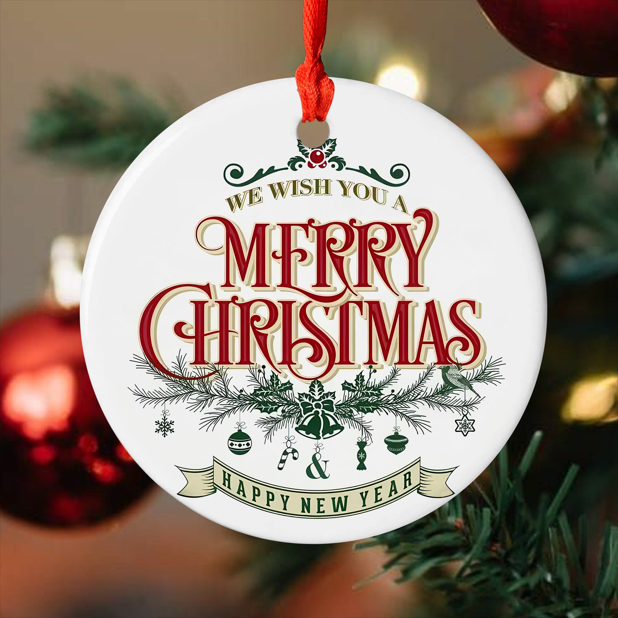 Merry Christmas & Happy New Year Ceramic Ornament, Holiday Tree Decoration Gift