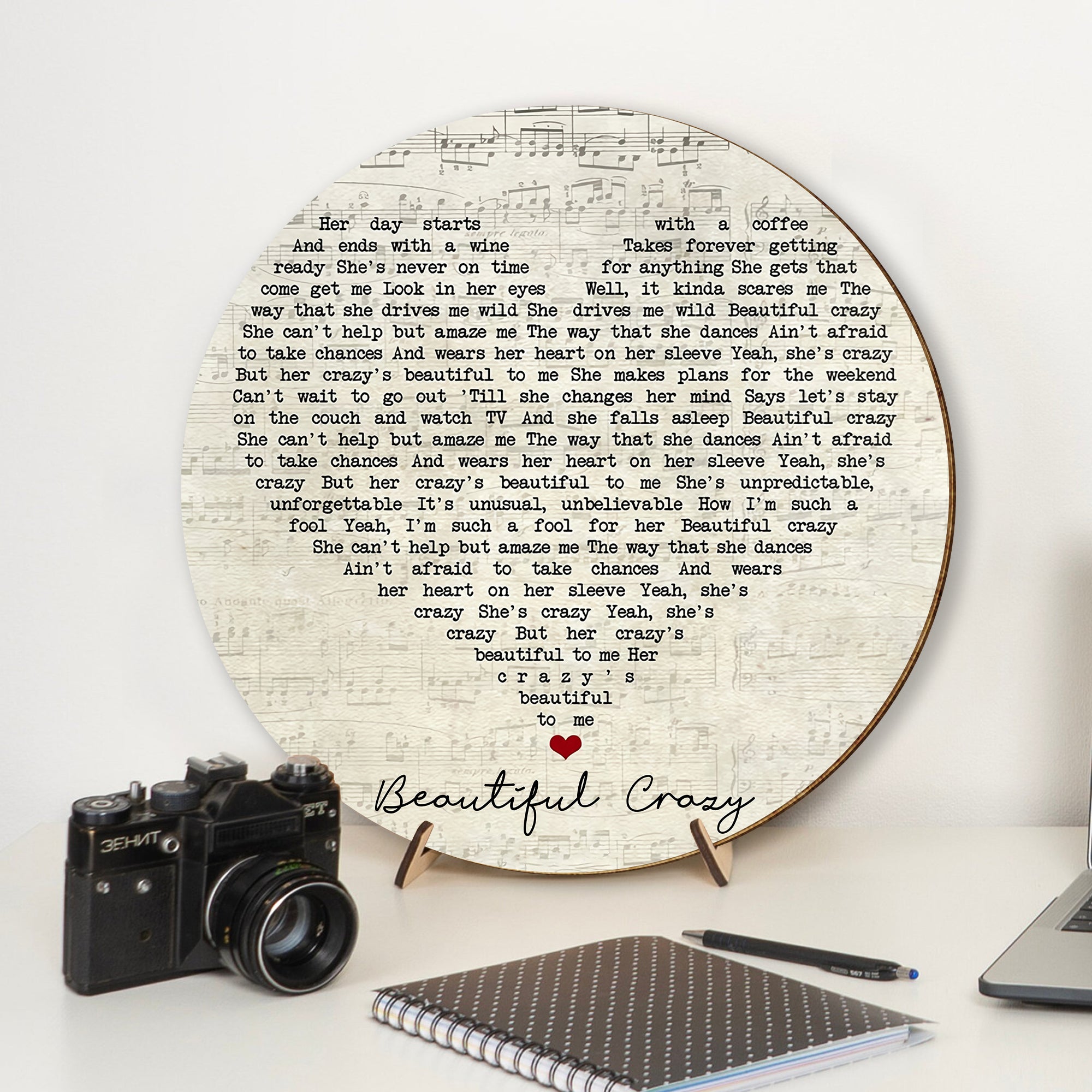 Luke Combs Beautiful Crazy Script Heart Song Lyric Art Print Round Wood Sign, Wood Signs For Home