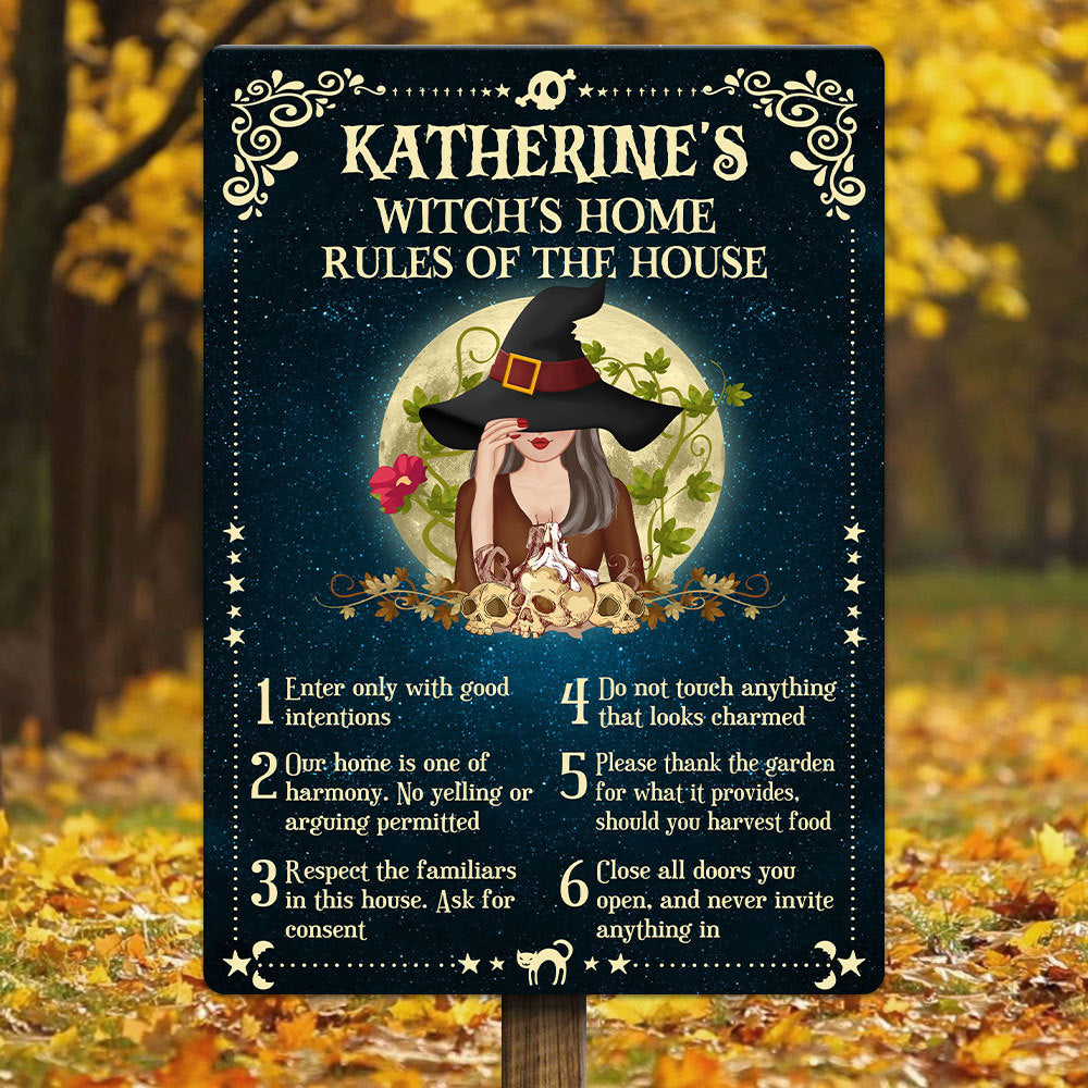 Witch's Home Rules Of The House Halloween Metal Sign, Halloween Garden Decor