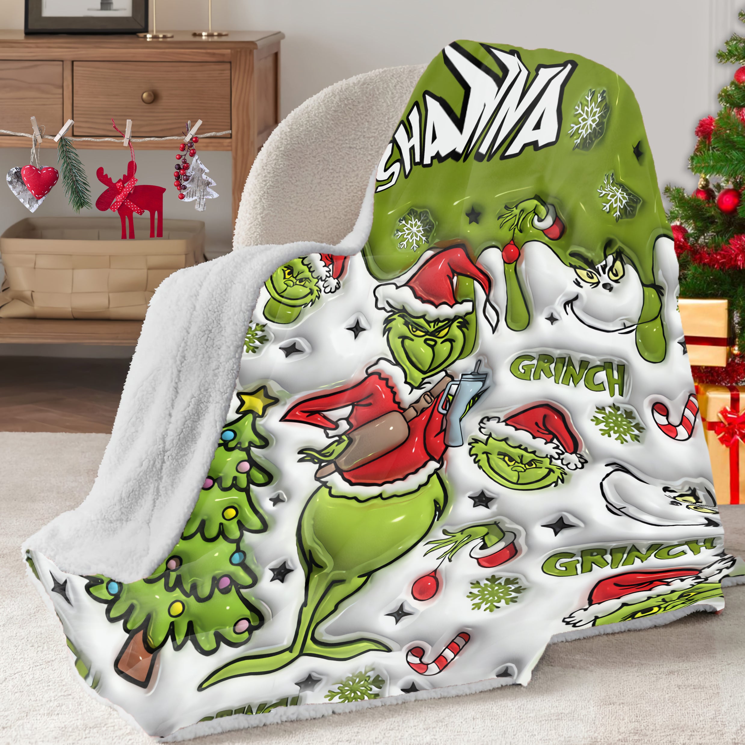 Personalized 3D Grinch Christmas Sherpa Blanket, Christmas Gifts