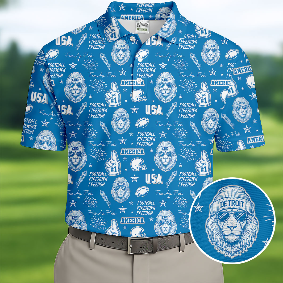 Cool Lion Football Freedom Blue Polo Shirt, American Football League Gift Ideas For Football Fans