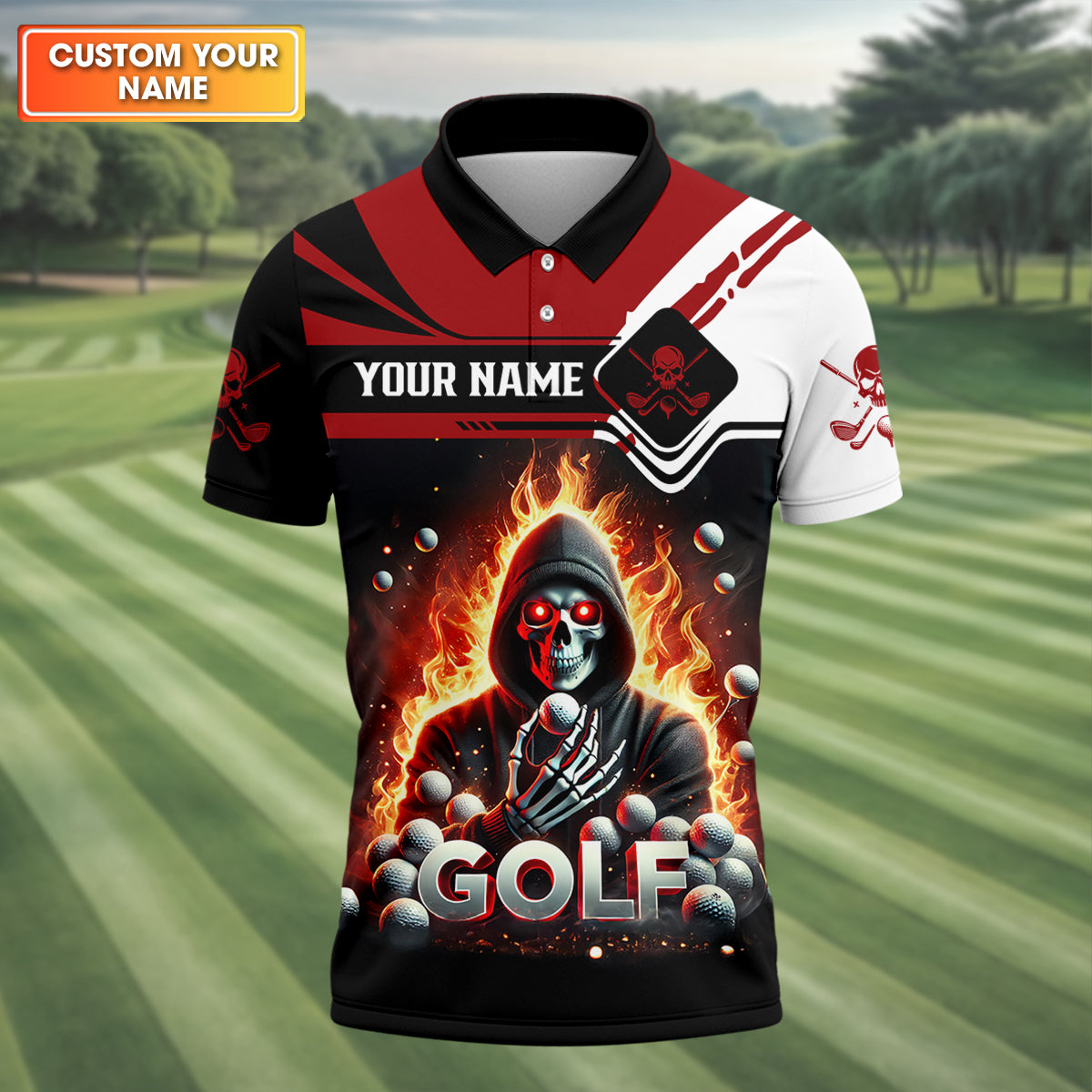 Flame Skull Golf Custom Men's Polo Shirt, Funny Golf Shirt, Present For Golf Lover
