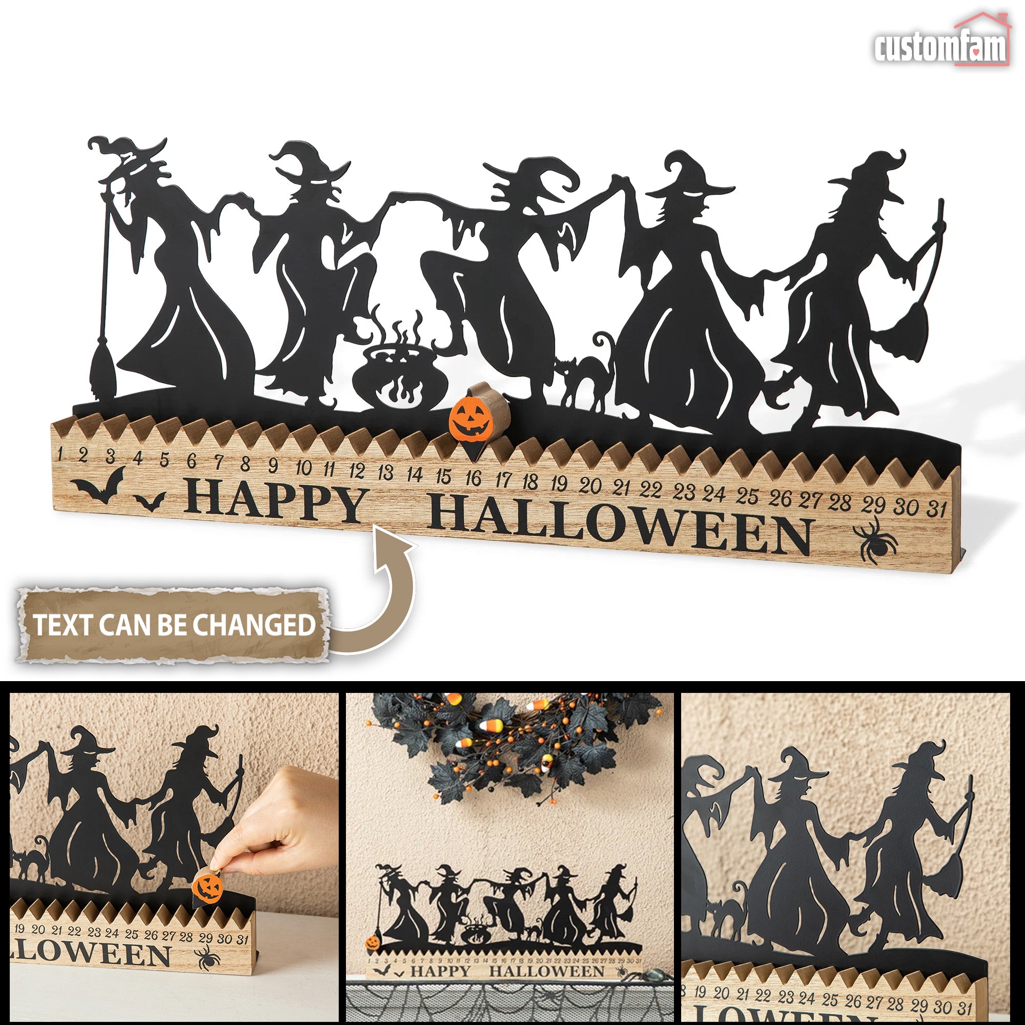 Happy Halloween Wooden & Metal Dancing Witch Silhouette Countdown Table Sign, Halloween Decor