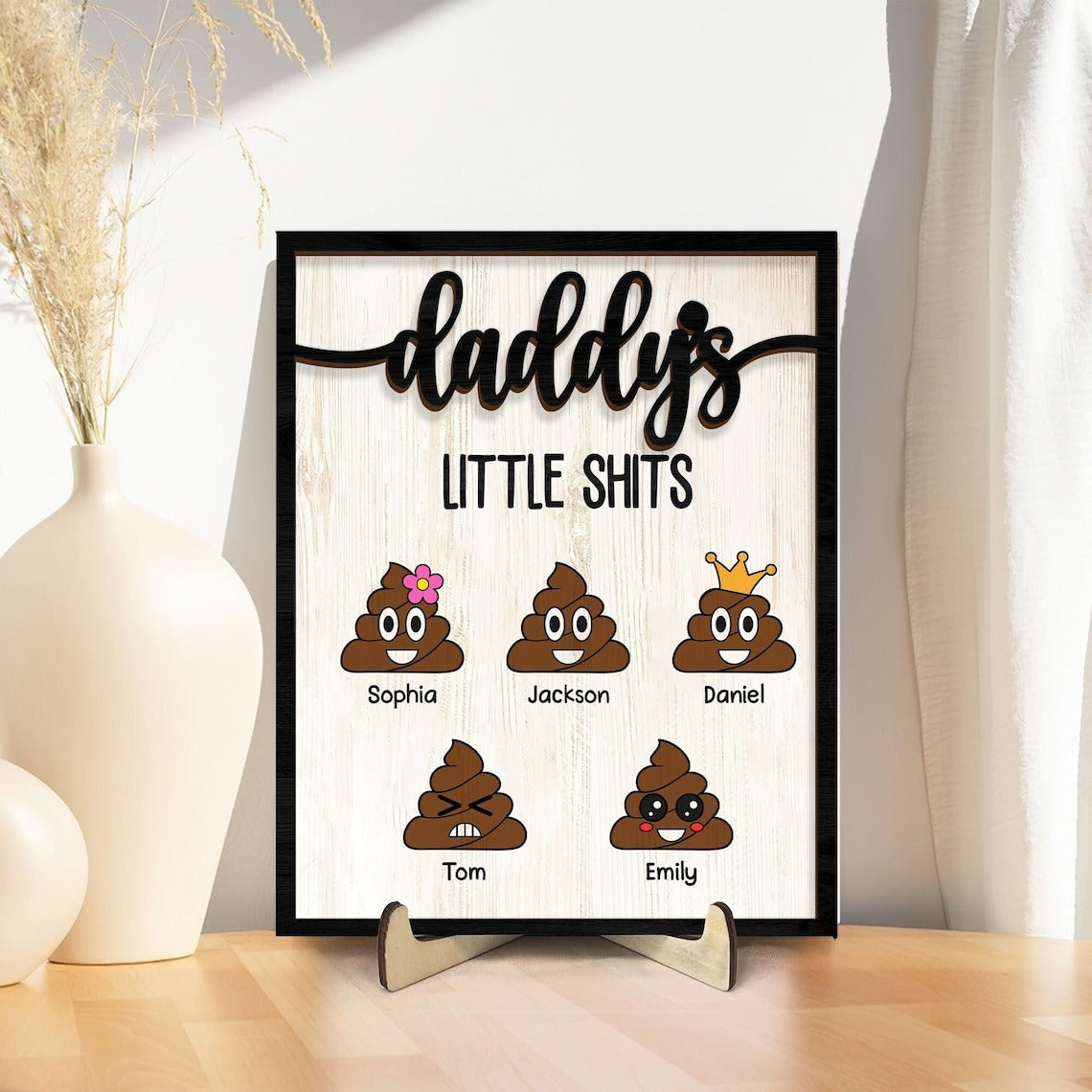 Personalized Daddy Wooden Plaque, Custom Kid's Name Wooden Sign, Daddy's Little Shits Wood Sign, Father's Day Gift for Dad, Grandpa, Him