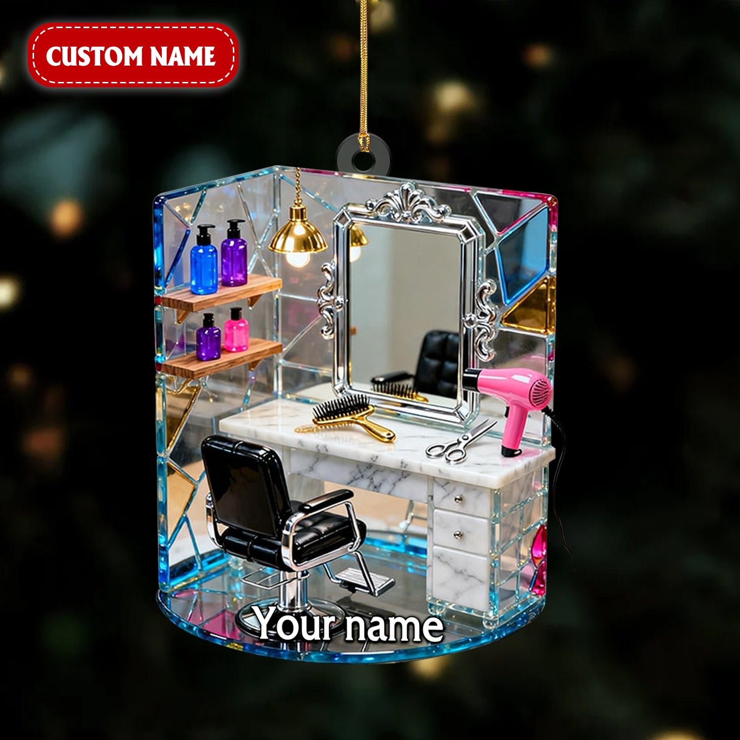 Hair Salon Tool Stained Glass Crystal Effect Acrylic Ornament, Hairdresser Ornament, Christmas Unique Gift