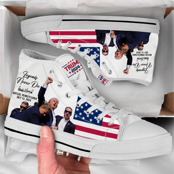 Trump2024 Legends Never Die, American Flag Shoes, Trump 2024 High Top Canvas Shoes