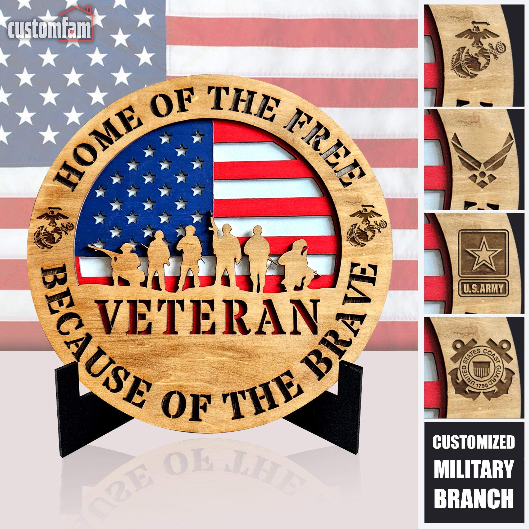 Home Of The Free Personalized Military Branch Wooden 2 Layered Plaque, Veteran Gifts