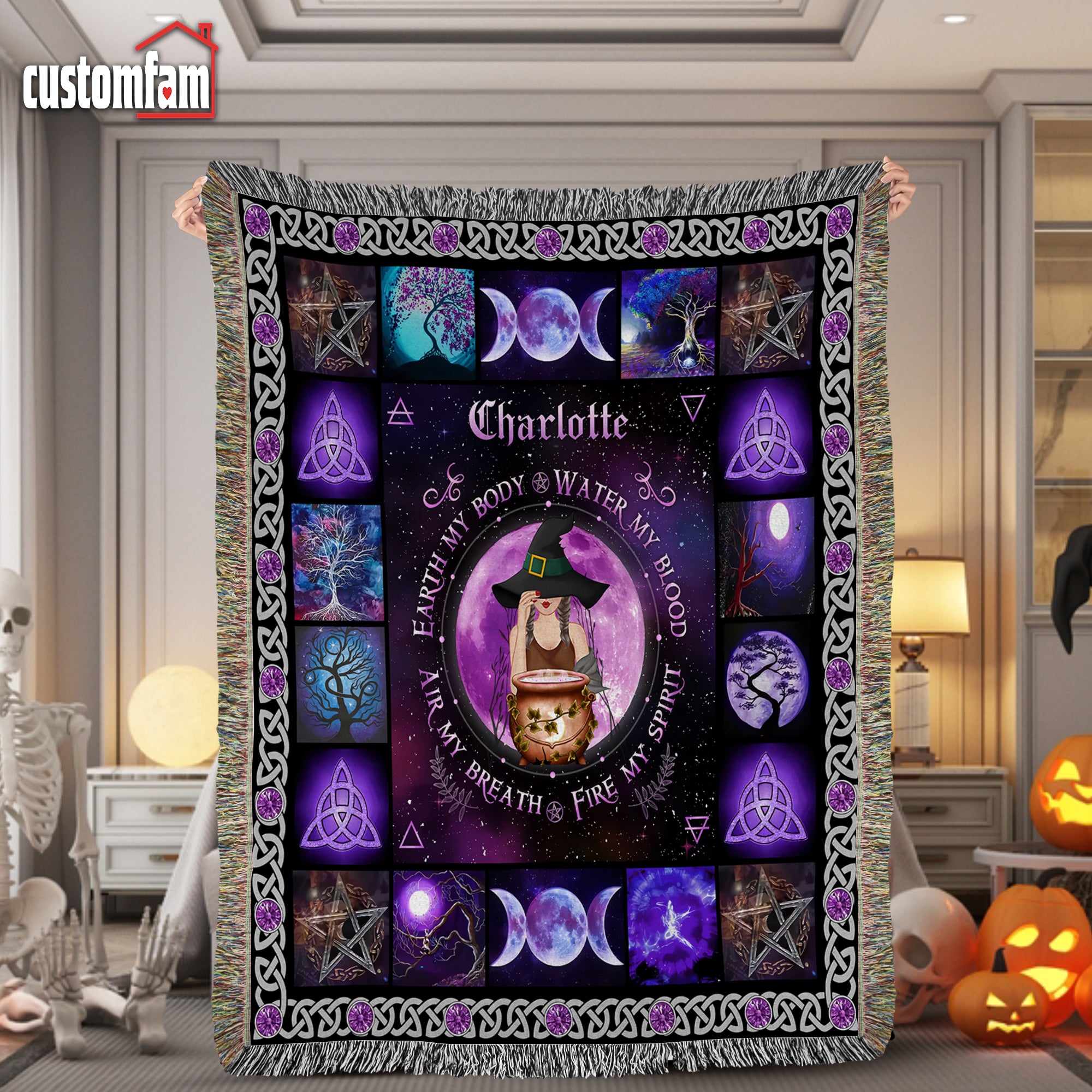 Earth My Body Water My Blood Witch Woven Blanket, Halloween Gifts